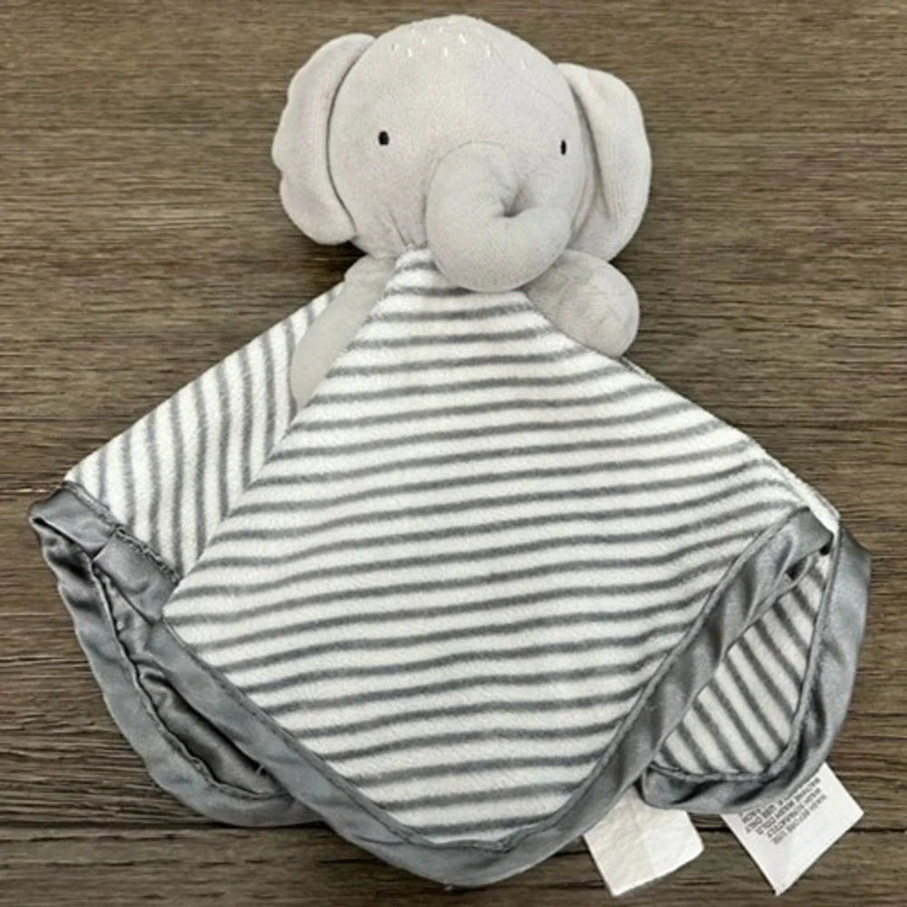 Wonder Nation Grey Elephant Security Blanket Lovey Striped Satin Trim Plush Toy